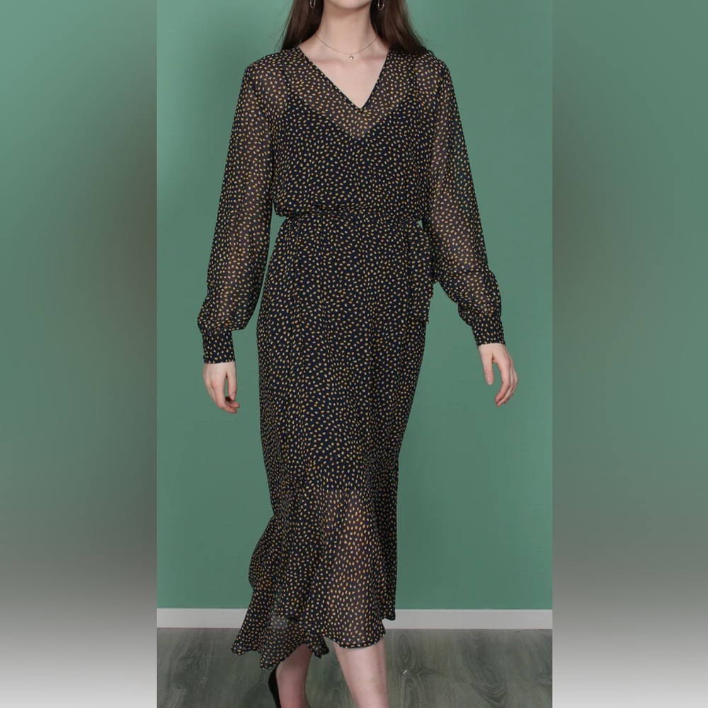 Just Female Dress Tyler Maxi Long Sleeve in black and green Polka Dot Pr…